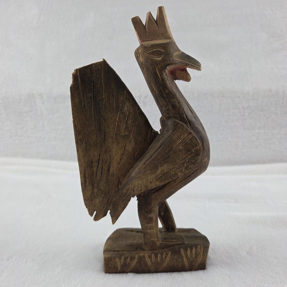 Vintage Hand Carved Wooden Rooster King Figurine Folk Art Statue 8" Tall